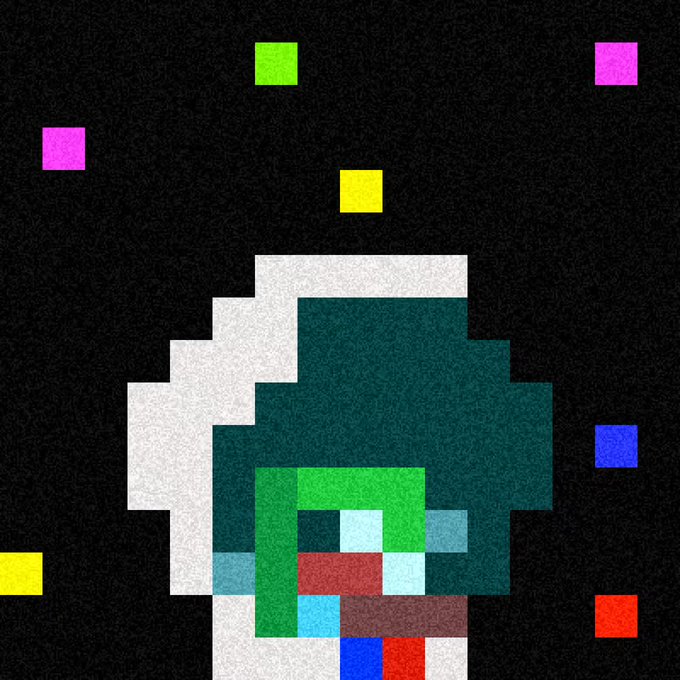 The image shows a pixelated skull-style PFP with teal/green coloring, a white outline, and colorful blocky eyes, set against a black background with scattered neon-colored squares (pink, green, yellow, blue, red). The post references the CreepKids_eth NFT community, and the image serves as a new profile picture showcasing the distinctive pixel art style characteristic of that collection, with the user encouraging others to purchase while prices are still under 0.01 ETH.