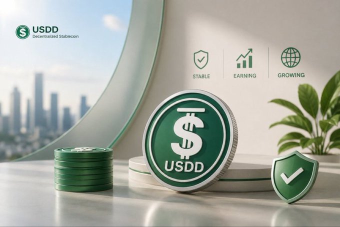 Promotional graphic for USDD Decentralized Stablecoin featuring a large green coin with a dollar sign, with icons labeled STABLE, EARNING, and GROWING.