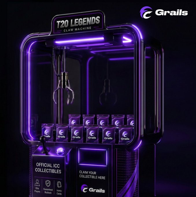 The image features an arcade game with purple lights that are turned on, displaying the text "T20 Legends Claw Machine" above it. The claw machine is filled with cricket cards, indicating that it's a gaming item related to cricket. Below the claw machine, there is a post about the ICC-licensed cricket cards and how they can be used for immediate buybacks or sold at a later date.