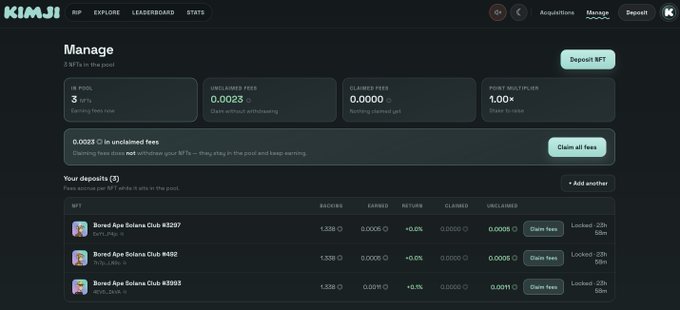 A screenshot of the KIMJI NFT platform dashboard showing NFT management details with three Bored Ape Solana Club NFTs (#3207, #402, #3933) listed in the deposits section.