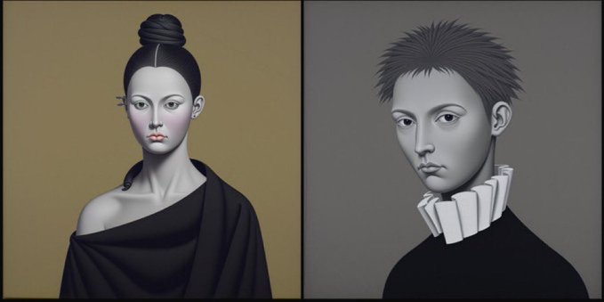 Two surreal, monochromatic portraits feature a pale figure with a topknot on the left and a figure with spiky hair on the right.