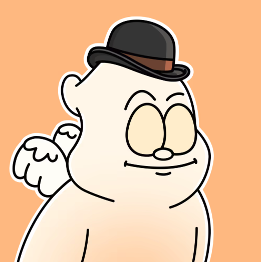 A cartoon illustration of a chubby, white ghost-like character wearing a small black bowler hat against a solid orange background.