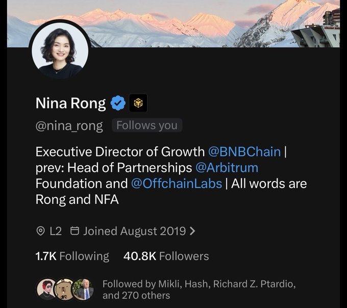 A Twitter/X profile for Nina Rong (@nina_rong), Executive Director of Growth at BNBChain, previously Head of Partnerships at Arbitrum Foundation and Offchain Labs, with 40.8K followers.
