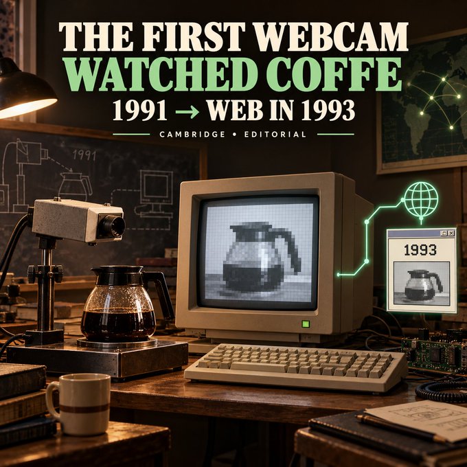 An editorial-style graphic titled 'THE FIRST WEBCAM WATCHED COFFEE 1991 → WEB IN 1993' showing a vintage computer monitor displaying a coffee pot, alongside an actual coffee carafe.