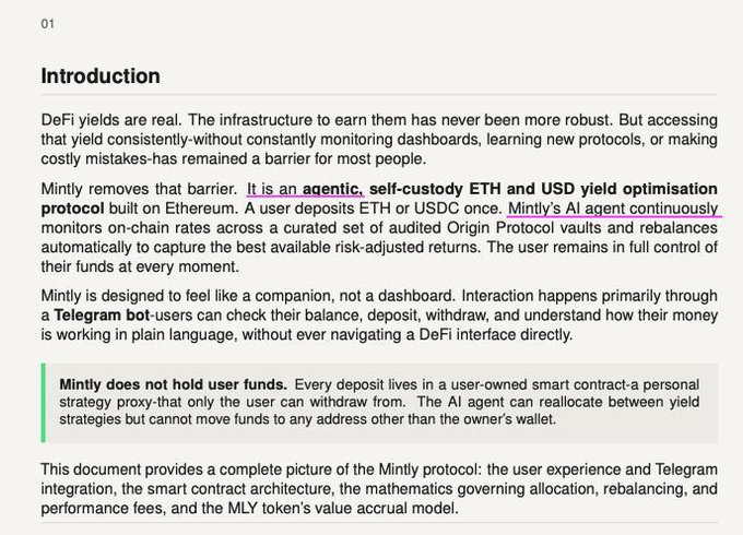The image shows the "Introduction" section of a Mintly protocol whitepaper, describing it as an "agentic, self-custody ETH and USD yield optimisation protocol" on Ethereum with an AI agent that monitors on-chain yields across audited Origin Protocol vaults, accessible via a Telegram bot. It relates to the post as documentation for MLY, a Virtuals-supported project that aligns with Relative Humidity's focus on agentic AI infrastructure in DeFi.