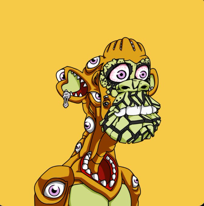 A stylized cartoon illustration of a grotesque orange creature with multiple purple eyes, sharp teeth, and a green segmented face/head against a solid yellow background.