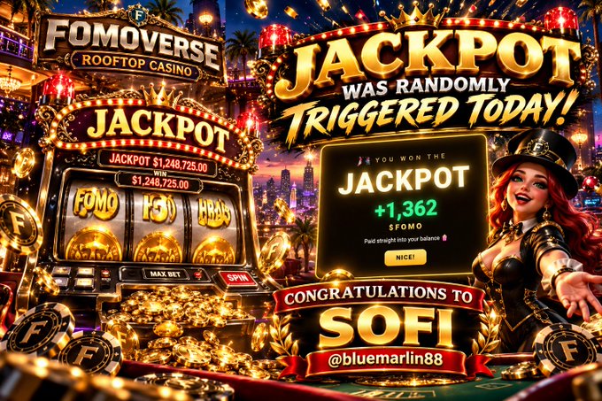 A vibrant slot machine advertisement announces 'JACKPOT WAS RANDOMLY TRIGGERED TODAY!' for 'FOMOVERSE ROOFTOP CASINO' congratulating user @bluemarlin88 with a $1,362 prize.