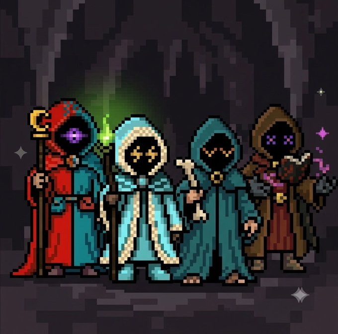 Pixel art illustration of four hooded, faceless figures resembling wizards or cultists in red, light blue, teal, and brown robes, holding staffs and a glowing green orb in a dark cave setting.