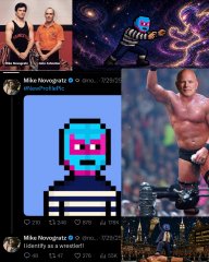 A Twitter/X profile feed for 'Mike Novogratz' (@novogratz) showing various posts including a pixelated character, a muscular wrestler, and other imagery, with visible timestamps of '2:20' and '2:26'.