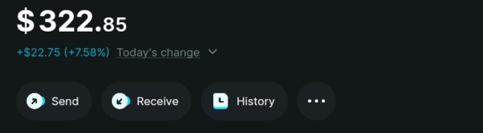 A mobile wallet interface displays a balance of $322.85, up $22.75 (+7.58%) today, with Send, Receive, and History action buttons. The image illustrates the post's message about starting with a small crypto/investment balance—showing a modest portfolio over $320 with gains—before feeling the "dream" of growing wealth.
