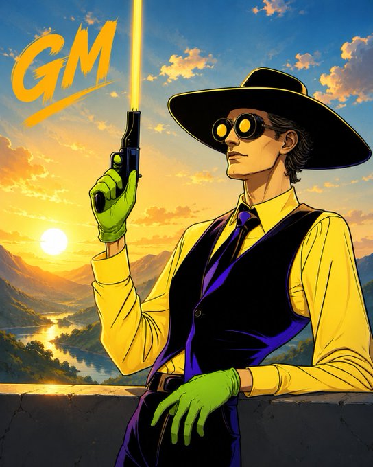 A comic-style illustration shows a character in a yellow shirt, black vest, wide-brimmed hat, and green gloves holding a glowing pistol against a sunset landscape, with the text 'GM' in the upper left.