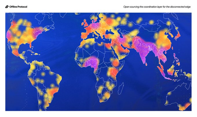 A heat map world visualization titled 'Offline Protocol' with the tagline 'Open sourcing the coordination layer for the disconnected edge', showing hotspots of activity in pink, orange, and yellow across continents.