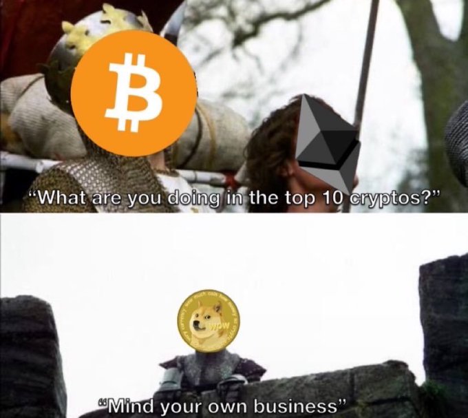 A two-panel meme using Game of Thrones footage: Bitcoin and Ethereum logos ask 'What are you doing in the top 10 cryptos?' while a Dogecoin character in the bottom panel responds 'Mind your own business.'