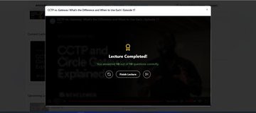 A computer screen showing a 'Lecture Completed' message with a green checkmark, with a video about CCTP visible behind it.