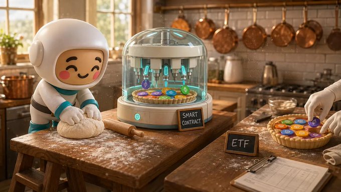 A kitchen scene featuring a cute astronaut character kneading dough while a smart contract labeled machine decorates a tart with colorful cryptocurrency-themed toppings, with an 'ETF' chalkboard sign nearby.