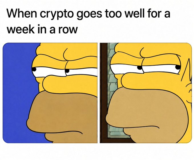 A meme featuring Homer Simpson with a side-eye expression in two panels, captioned 'When crypto goes too well for a week in a row'.