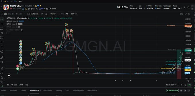 A DexScreener chart for the REDBULL token on GMGN.AI showing price action at $112.59K with 113 holders, displaying a massive spike and subsequent decline.