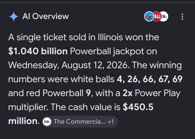A screenshot of a Google AI Overview states that a single Illinois ticket won the $1.040 billion Powerball jackpot on August 12, 2026, with a cash value of $450.5 million. The post contrasts this massive lottery win with the poster's frustration over lackluster crypto market performance while waiting for an altcoin season.
