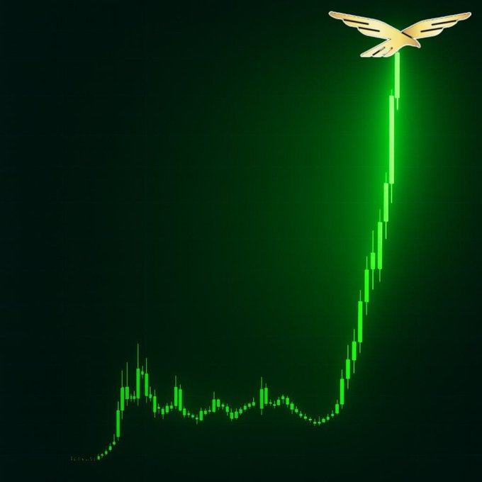 A glowing green stock/crypto price chart showing a sharp upward trend culminating in a stylized eagle icon soaring at the peak against a dark background.