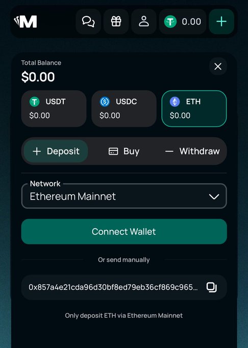 A mobile app wallet screen for 'M' displays a $0.00 Total Balance with USDT, USDC, and ETH options, plus Deposit, Buy, Withdraw buttons and a 'Connect Wallet' prompt on Ethereum Mainnet.