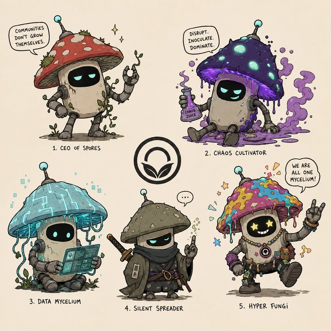 An illustration showing five different robot mushroom characters labeled '1. CEO OF SPORES', '2. CHAOS CULTIVATOR', '3. DATA MYCELIUM', '4. SILENT SPREADER', and '5. HYPER FUNGI', each with unique designs and speech bubbles.
