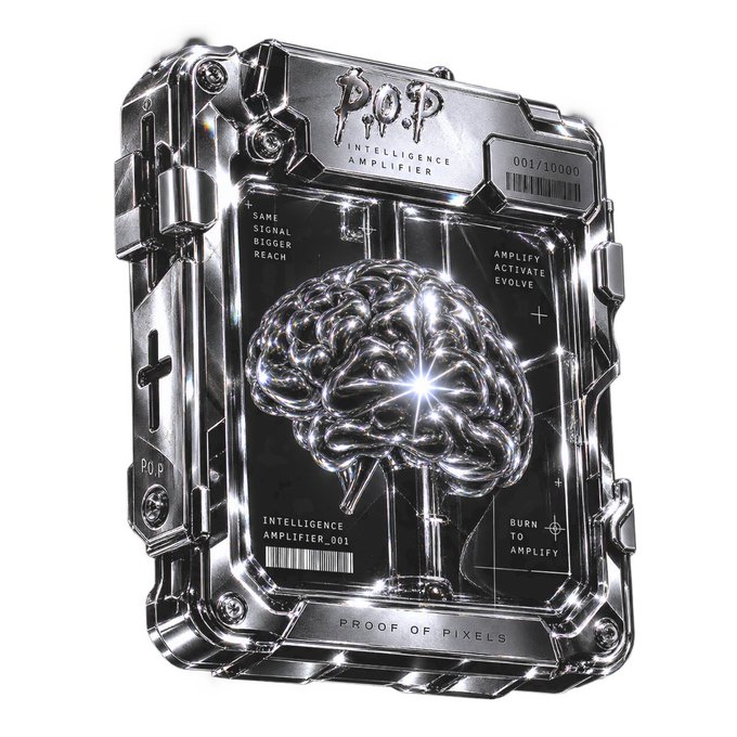 A futuristic chrome/metallic encased device labeled 'P.O.P INTELLIGENCE AMPLIFIER' displaying a glowing silver brain, with text '001/10000', 'INTELLIGENCE_AMPLIFIER_001', and 'PROOF OF PIXELS'.