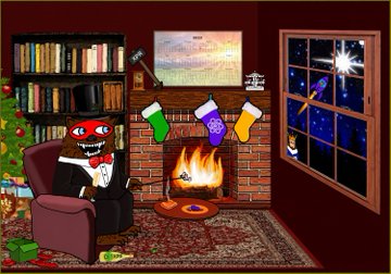 Cozy pixel-art Christmas scene showing a monster-like figure in a tuxedo reading by a fireplace hung with stockings, with a Christmas tree, cookies, and a cat looking out the starry window.
