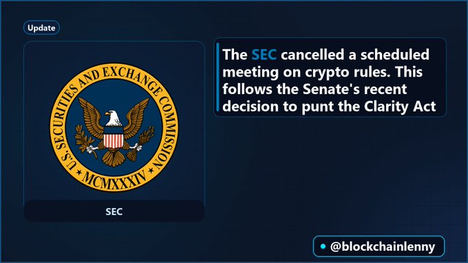An update graphic featuring the U.S. Securities and Exchange Commission (SEC) seal with text stating 'The SEC cancelled a scheduled meeting on crypto rules. This follows the Senate's recent decision to punt the Clarity Act' from @blockchainlenny.