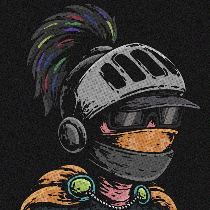 A stylized cartoon character wearing a knight's helmet with a multicolored plume, goggles, and a face mask, paired with the "gm NFTs" post in a bold, comic-style illustration. The vibrant, graffiti-like artwork embodies the casual, community-driven spirit of a typical "gm" greeting in the NFT space.
