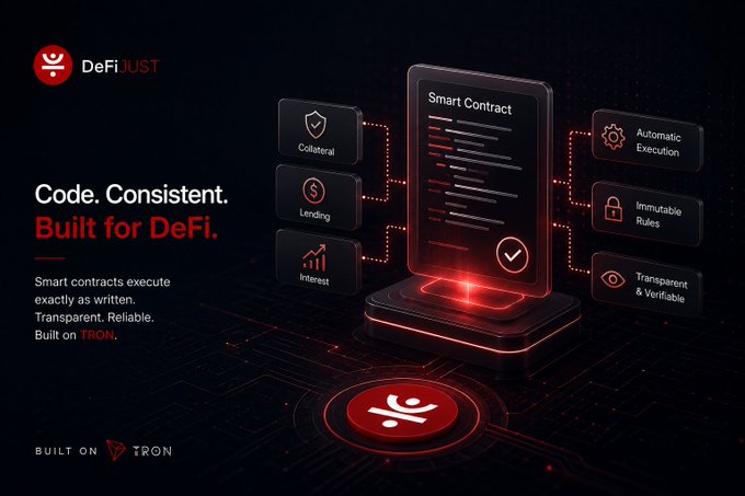 A promotional graphic for 'DeFiDUST' advertises smart contracts built on TRON, highlighting features like collateral, lending, interest, automatic execution, immutable rules, and transparent/verifiable processes.