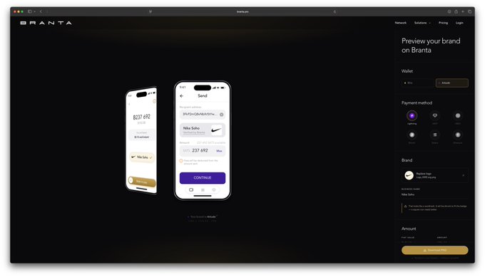 Screenshot of a Branta crypto preview interface showing a payment screen with two phone mockups displaying a 'Send' transaction for $237.492 USDC, alongside a configuration panel for wallet, payment method, and brand settings.