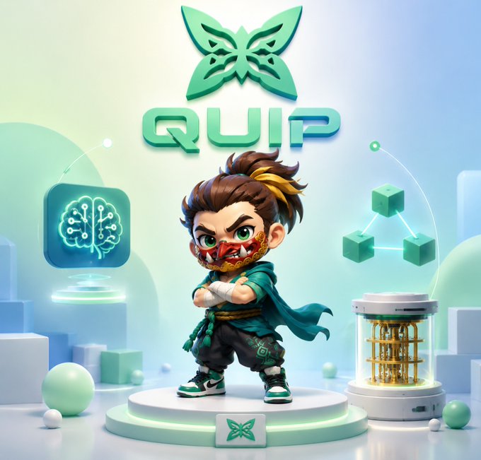 A 3D-rendered cartoon character with brown hair, a red face mask, and teal ninja-style outfit standing on a platform with the green butterfly 'QUIP' logo above and AI/blockchain icons around.