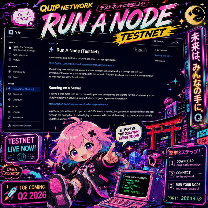 The image features a poster with a cartoon girl sitting at a laptop, surrounded by neon lights and city buildings. The text on the poster reads "Run A Node (Testnet) Testnet", which suggests that this is an advertisement for a new type of testnet or node. The poster also includes information about how to set up an independent validator or computation point within Quip's infrastructure, emphasizing the importance of mathematical optimization in the core engineering architecture.