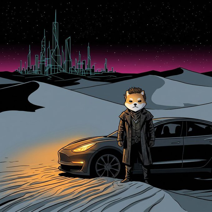 An illustrated Shiba Inu dog wearing a trench coat standing next to a black car in a desert landscape at night, with a futuristic neon-lit city skyline in the distance.