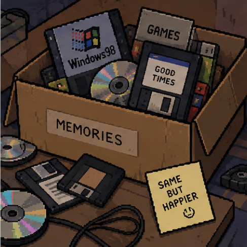 A pixel art box labeled "MEMORIES" holds nostalgic items including a "Windows 98" floppy disk, a "GAMES" disk, a "GOOD TIMES" disk, CDs, and floppy disks, with a sticky note reading "SAME BUT HAPPIER 😊." The image ties to the post's nostalgic theme of a last-chance free mint for the "GTD" collection, reinforcing its "good times" sentimentality.