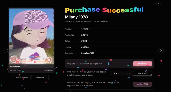 A 'Purchase Successful' confirmation screen for an NFT called 'Milady 1978' showing backing of 1.22 ETH, token #1978, with options to Keep NFT, Auto-relist, or Accept ETH.