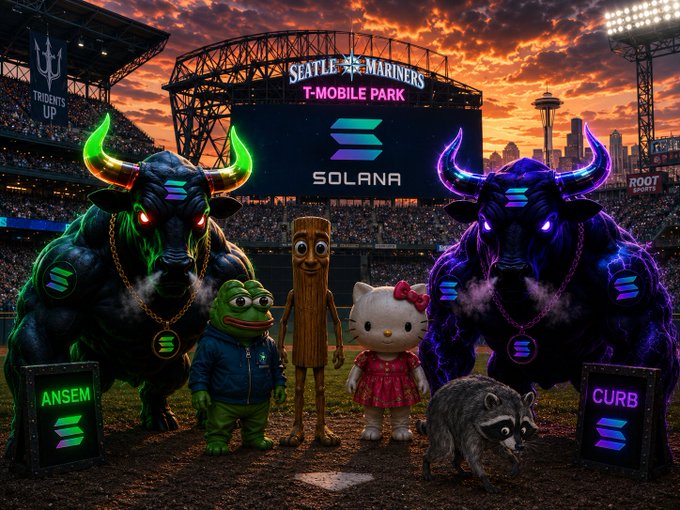 A dramatic stadium scene at T-Mobile Park featuring the Seattle Mariners logo, where two glowing bull mascots (one green labeled "ANSEM" and one purple labeled "CURB") flank cartoon versions of Pepe, a wooden figure, Hello Kitty, and a raccoon, with the Solana logo prominently displayed on the scoreboard—perfectly capturing the bullish crypto sentiment of the accompanying "good morning Solana Bulls" post.