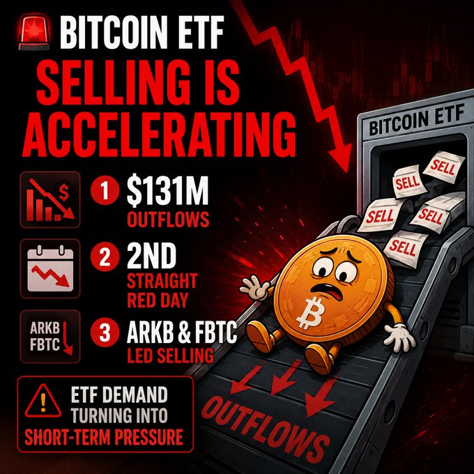 A red-themed graphic stating 'BITCOIN ETF SELLING IS ACCELERATING', noting $131M outflows, 2nd straight red day, and ARKB & FBTC led selling.
