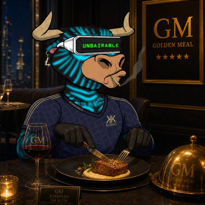 A cartoon bull character wearing a VR headset displaying "UNBAIRABLE" and a "KONG" tracksuit enjoys a "GM GOLDEN MEAL" at an upscale restaurant, with visible signage reading "GM GOLDEN MEAL" and "GM RESERVED GM ELITE" on the place card and cloche.