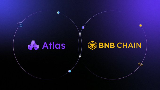 A graphic showing two intersecting circles representing a partnership or connection between Atlas and BNB Chain on a purple cosmic-themed background.