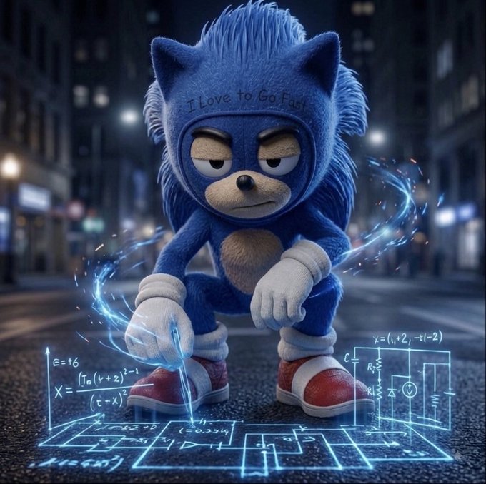 A CGI Sonic-style hedgehog crouches in a moody city street, projecting glowing blue mathematical equations and circuit diagrams onto the ground. The character wears a headband reading "I Love to Go Fast," directly tying into the post's "$sanic" joke—playing on the meme's playful misspelling of "Sonic" and his iconic need for speed.