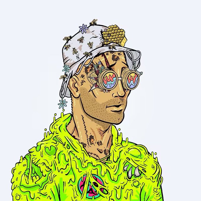 A stylized digital illustration of a character wearing a floral bandana, round reflective glasses, and a dripping neon green slime-like hoodie.
