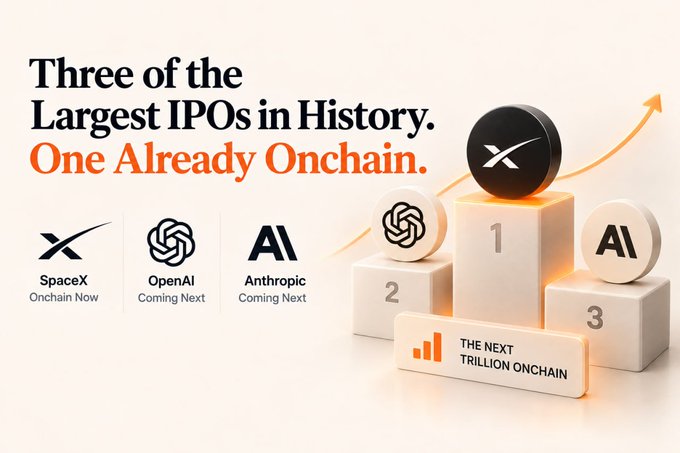 Promotional graphic titled 'Three of the Largest IPOs in History. One Already Onchain.' featuring SpaceX (Onchain Now), OpenAI (Coming Next), and Anthropic (Coming Next), with SpaceX illustrated atop a podium labeled 'THE NEXT TRILLION ONCHAIN.'