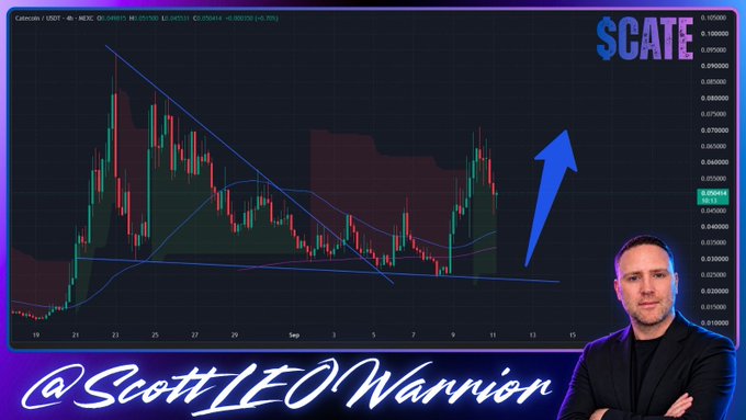 A YouTube thumbnail featuring crypto trader Scott LEO Wannion (handle "@ScottLEOWannion") alongside a $CATE/USDT 4-hour candlestick chart showing a recent breakout above a descending trendline, with a blue arrow pointing upward toward the $0.09-$0.10 price zone, visually reinforcing the caption's claim of bullish momentum building.