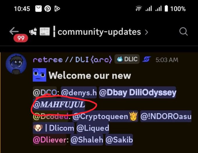 A Discord screenshot from the 'community-updates' channel showing a welcome message from 'retree // DLI {arc}' to several new members, with '@MAHFUJL' circled in red.