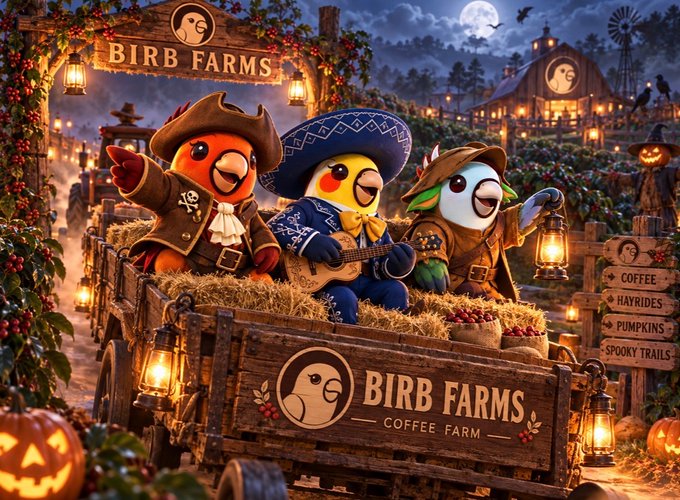 Three anthropomorphic birds dressed in Western and cowboy outfits pose on a hay-filled wagon labeled 'BIRB FARMS - COFFEE FARM,' with directional signs listing Coffee, Hayrides, Pumpkins, and Spooky Trails.