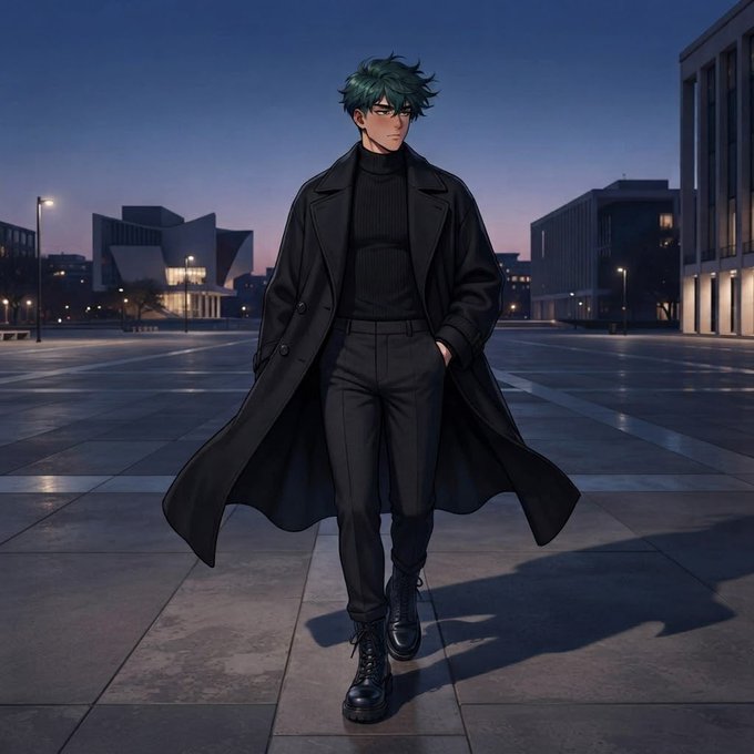 An anime-style illustration of a young man with teal hair and glasses, wearing a long black trench coat over a black turtleneck, walking through an empty city plaza at dusk.