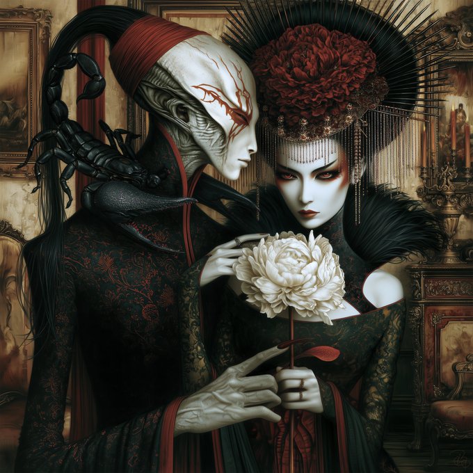 Dark fantasy digital artwork of two pale, ornate figures—one masked with red markings and a scorpion on the shoulder, the other wearing an elaborate red floral headdress—holding a white peony flower together.