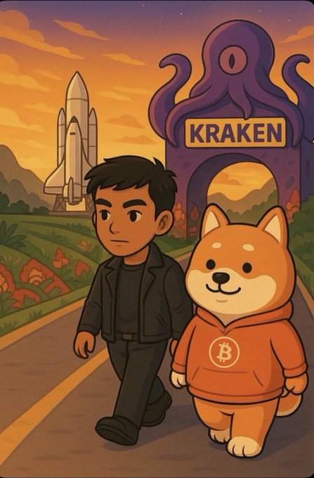 An illustration shows a man in a black jacket walking alongside a Shiba Inu dog wearing an orange Bitcoin hoodie, passing a 'KRAKEN' gate shaped like an octopus with a rocket in the background.