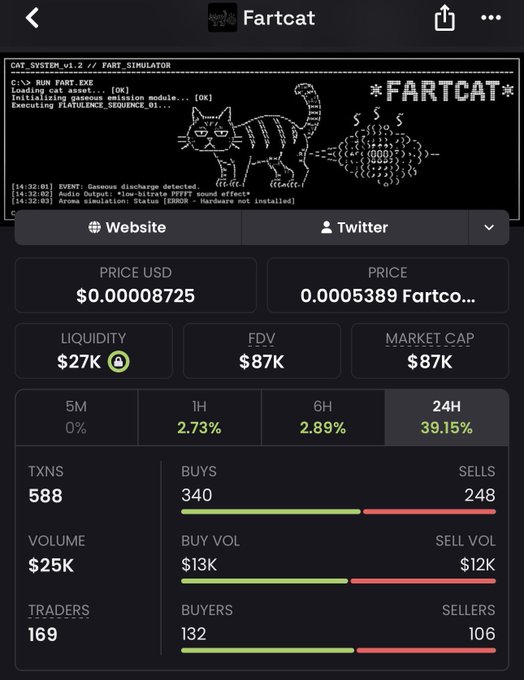 A token analytics page for 'Fartcat' showing a price of $0.00008725 USD and 0.0005389 Fartcoin, with a 24-hour price increase of 39.15%, market cap of $87K, and an ASCII art graphic of a farting cat.